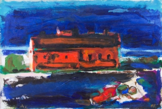 Albert Kresch, Sleeping Man and House, Oil and acrylic on paper on panel, 11.5" x 16.5", 2007