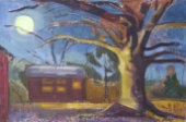 Ruth Miller, Moon, Cabin, Tree, Oil on canvas, 10" x 18", 2000