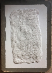 SaraNoa Mark, A Sheet for Shahname, Carved paper clay on found book, 9 1:2" x 6 1:4", 2019