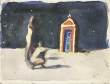 CB22, Chuck Bowdish, Figure Crouching with Figure Standing by Chapel, gouache on paper, 5.5 x 7.5 in, 2019 - 2022